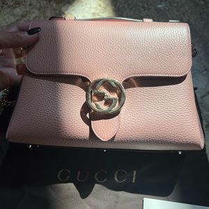 Women's Pink Powder Leather Large Interlocking G Crossbody Chain Bag